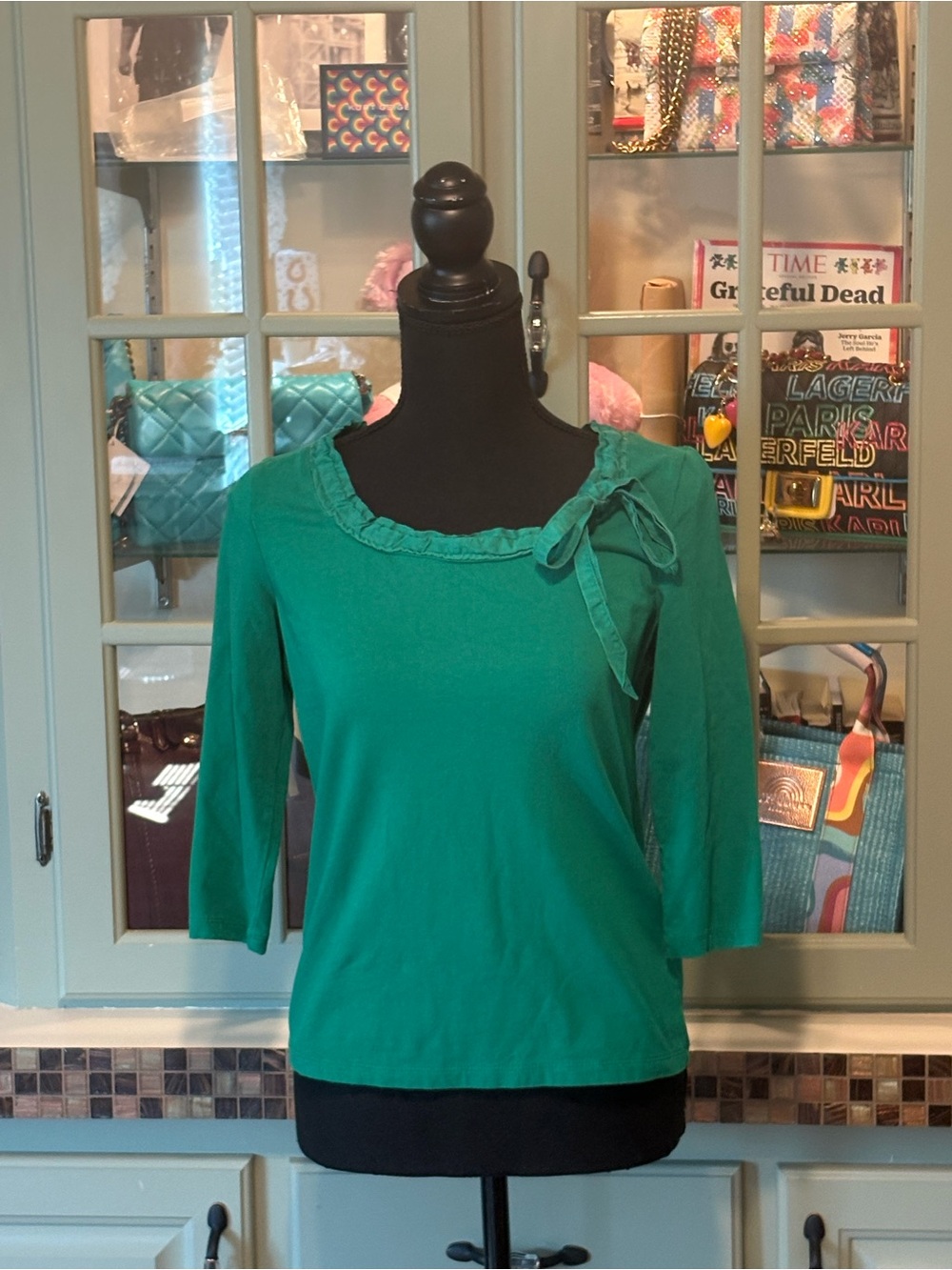 Liz Claiborne Emerald Green Bow-Accent Ruffle Neck Top
